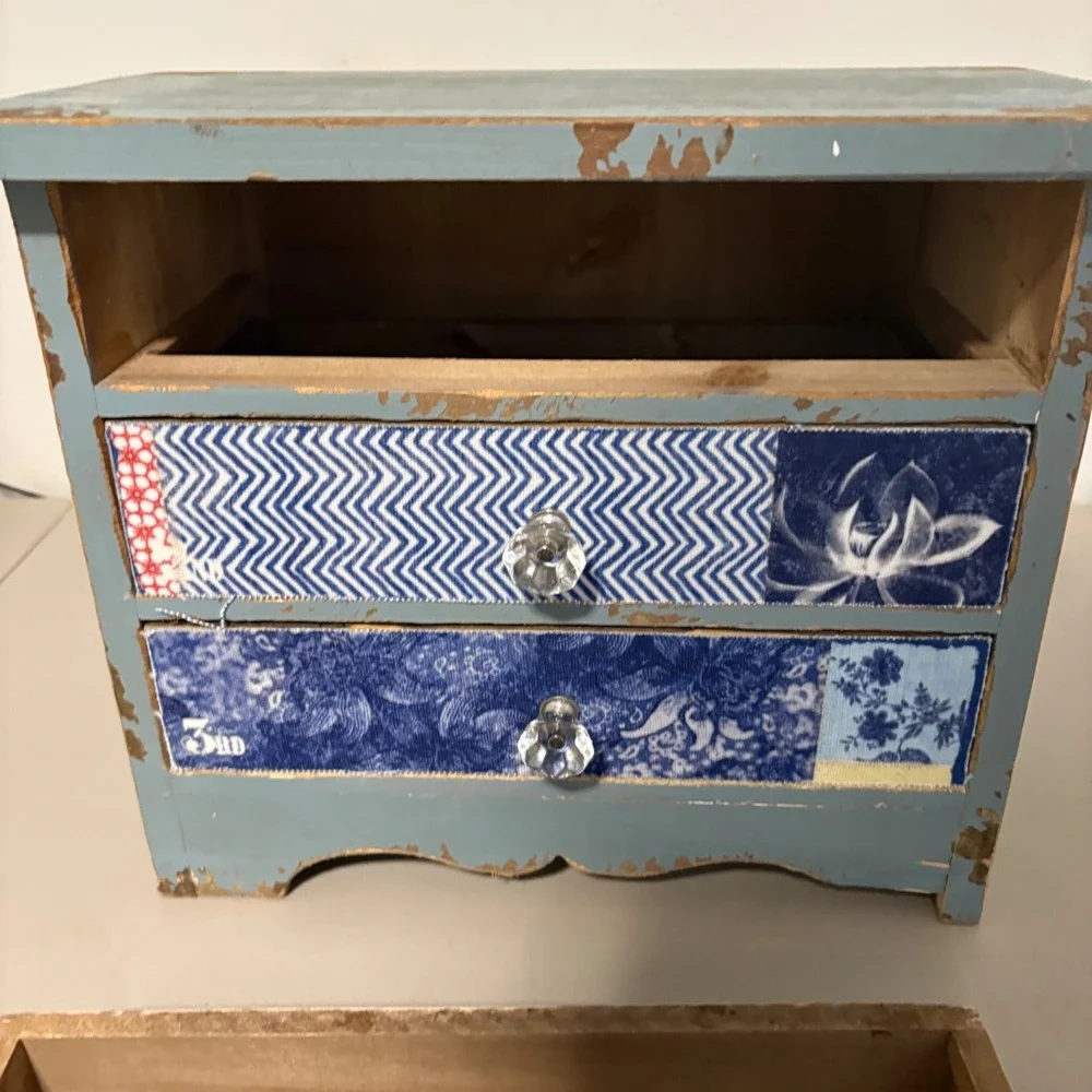 Shabby Chic Blue Distressed Mini Chest 3 Drawers Patchwork Fabric Jewelry Box